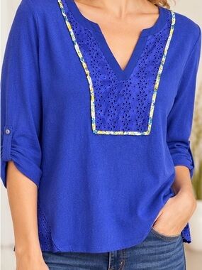 Anthro Meadow Rue Royal Blue Eyelet V-Neck Top with Floral Trim S/M. Bundle only